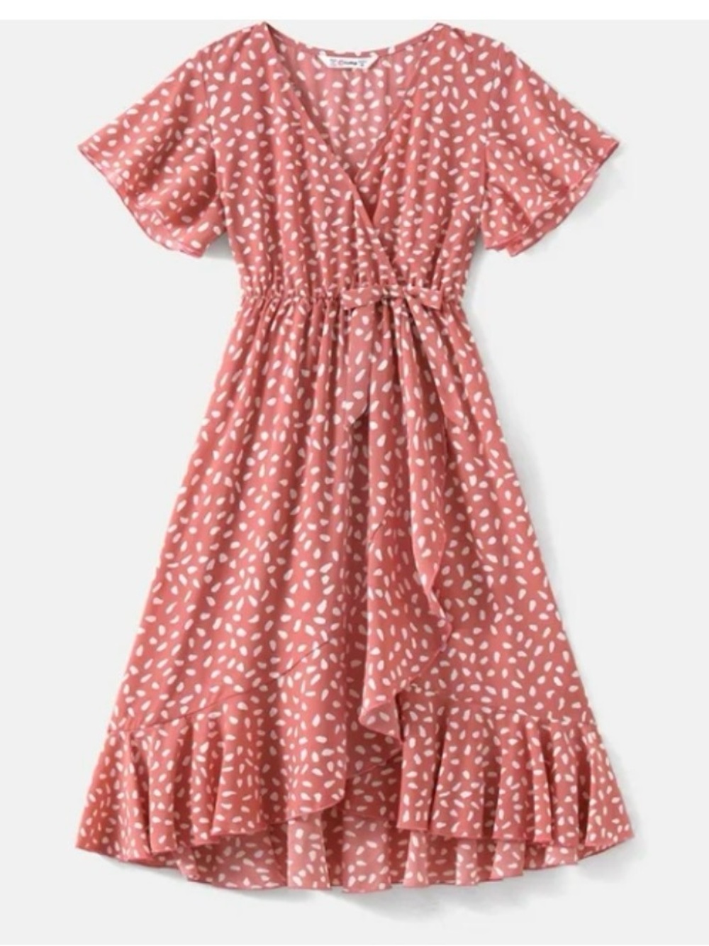PATPAT Women Coral All Over Cross Wrap V Neck Ruffle Flutter-sleeve Pink Dress